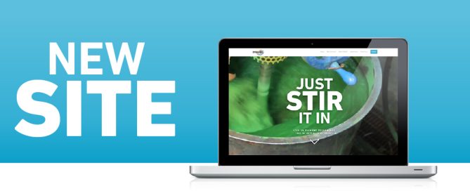 Website header with bold 'NEW SITE' text beside a laptop showing 'Just Stir It In' pigment content.
