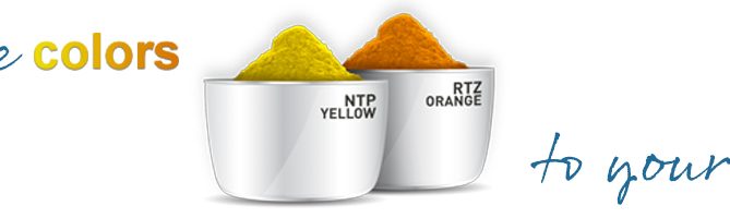 Marketing banner with NTP Yellow and RTZ Orange pigment bowls and 'Add more colors to your toolbox' text.