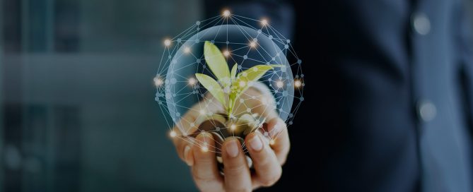 Illustrated hand holding a globe with a green sprout, surrounded by a glowing network representing sustainable innovation.