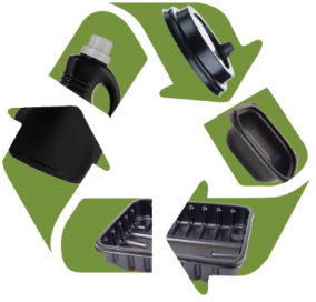 Recycling symbol illustration with automotive and plastic parts, representing material reuse and sustainability.