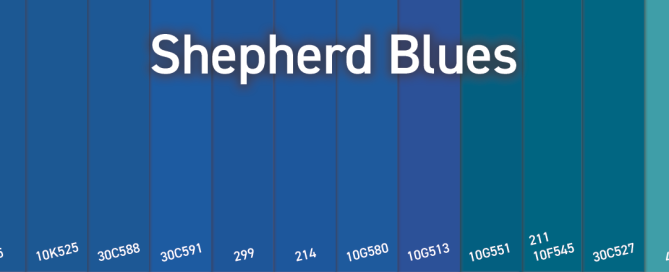 Shepherd Blues graphic with white text over a blue-to-teal pigment gradient and reference codes.