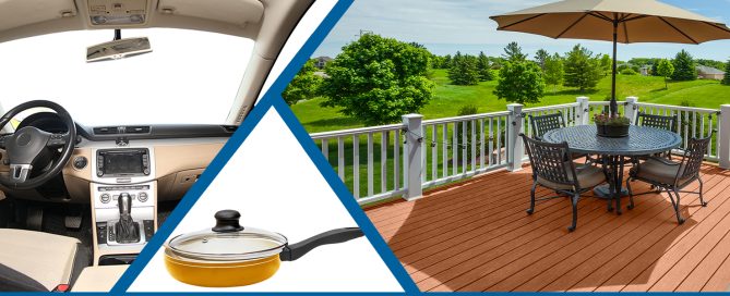 Marketing composite showing pigment applications across car interior, cookware, and outdoor deck furniture.