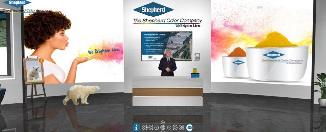 Virtual reality showroom with Shepherd Color branding, pigment swatches, and 'We Brighten Lives' tagline on display panels.
