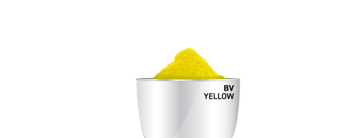 White ceramic container labeled 'BV YELLOW' filled with vivid yellow pigment powder.