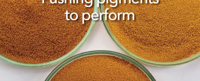 Composite of green outdoor chair, green roofing shingles, and green door with text 'Pushing pigments to perform'.