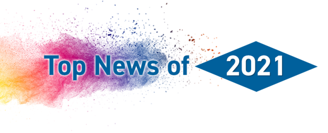 'Top News of 2021' graphic with a blue diamond logo and pastel paint burst effect on the left.