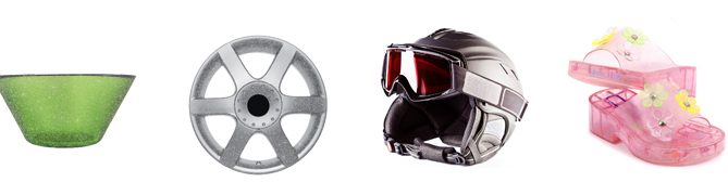 Four colorful product samples: green bowl, silver wheel rim, dark metallic helmet, and pink clogs showcasing pigment applications.