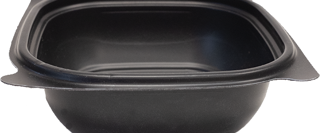 Black plastic takeout container with rounded rectangular shape and handles, shown at three-quarter angle against white background.