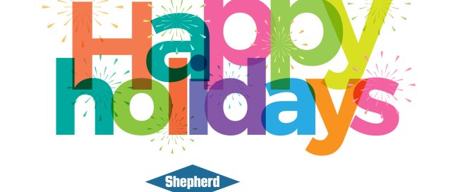 Happy Holidays graphic with rainbow typography, Shepherd Color Company diamond logo, and 'We Brighten Lives' tagline.