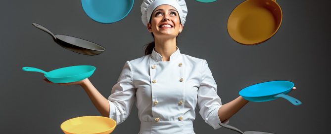 Smiling chef in white uniform juggling colorful cookware in cyan, gold, yellow, and black.