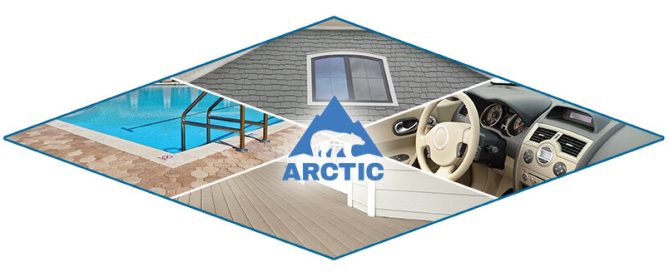 Isometric diamond collage showing Arctic pigment uses in a blue pool, gray roof, and beige car interior with Arctic logo.