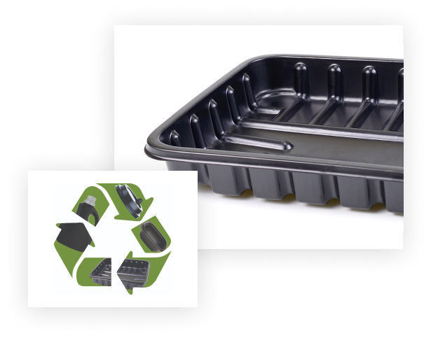 Black plastic hinged food container with compartments and recycling symbol inset, illustrating pigmented sustainable packaging.