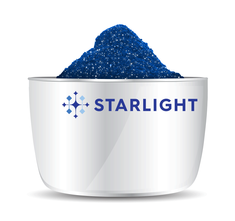 Animated StarLight silver-coated glass flake pigment can showing light-reflecting sparkle effect.