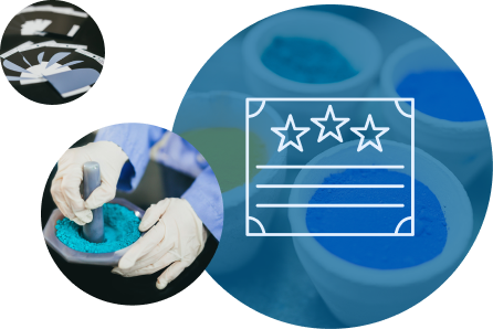 Infografía con una esfera azul térmica, fotos de equipos industriales y una calificación de calidad por estrellas.