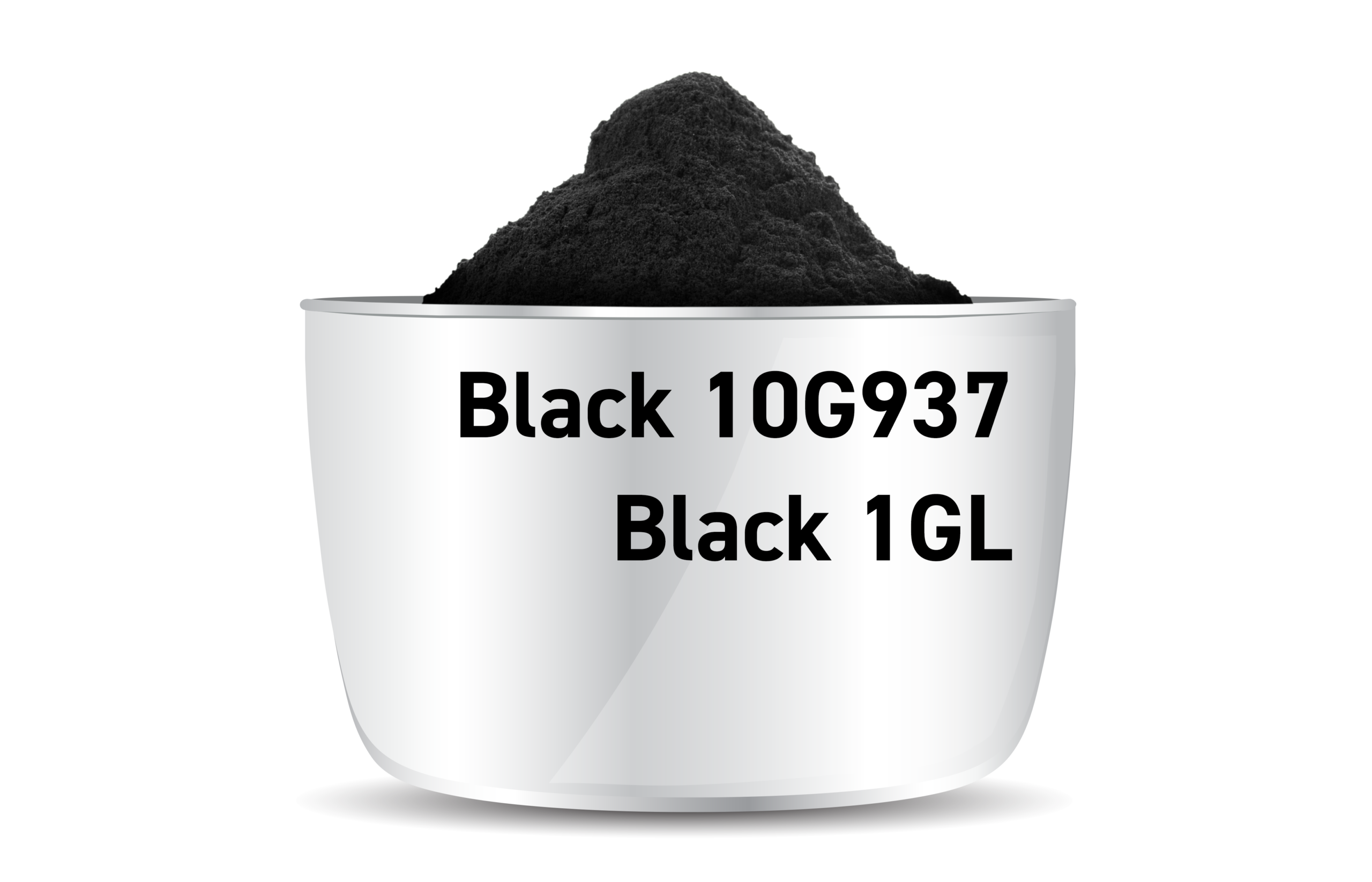 White metallic can of finely milled Black 10G937 / Black 1GL pigment powder on white background.